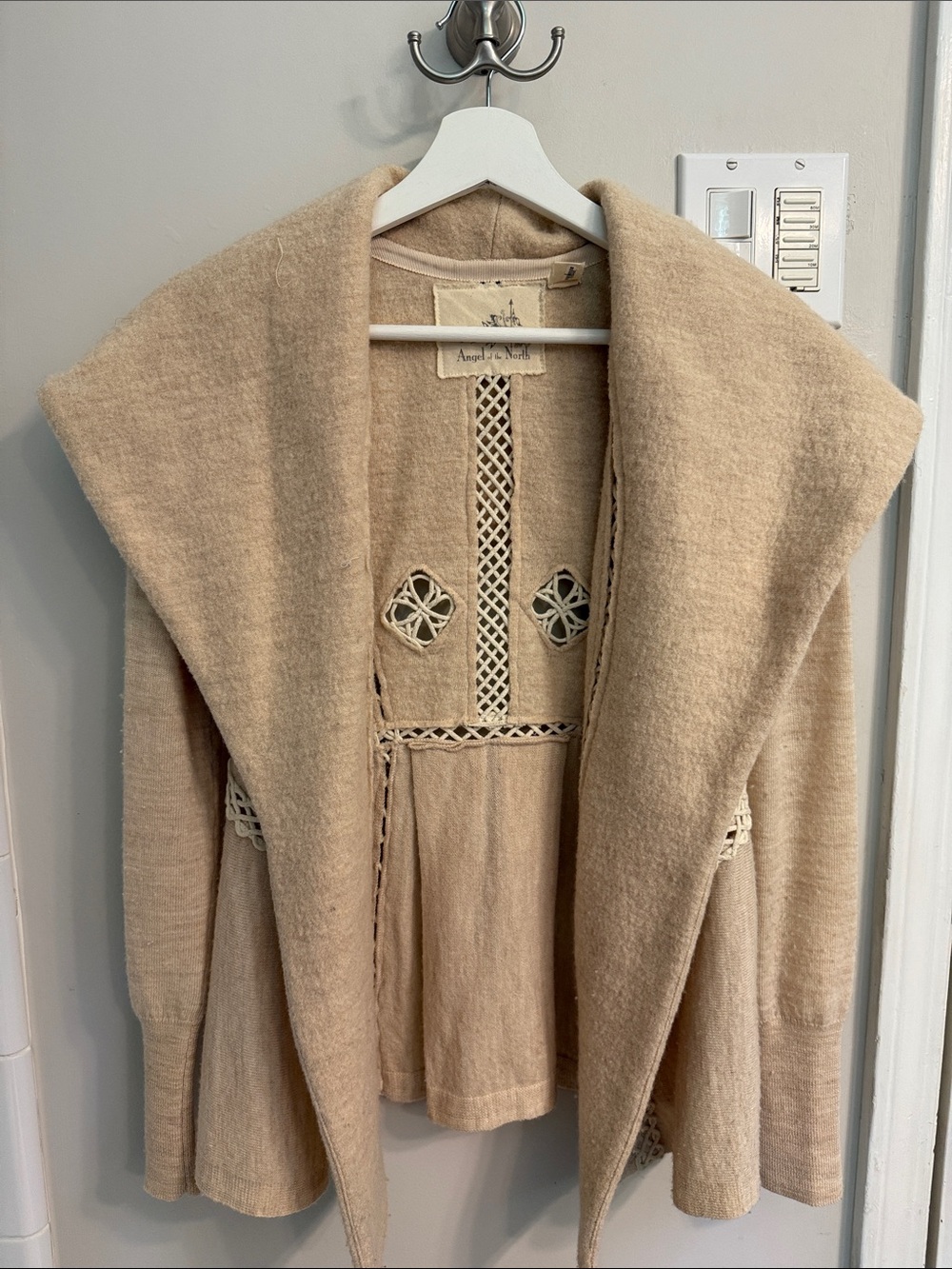 Angel of the North Beige Open Shawl Collar Cardigan with Lace Insets